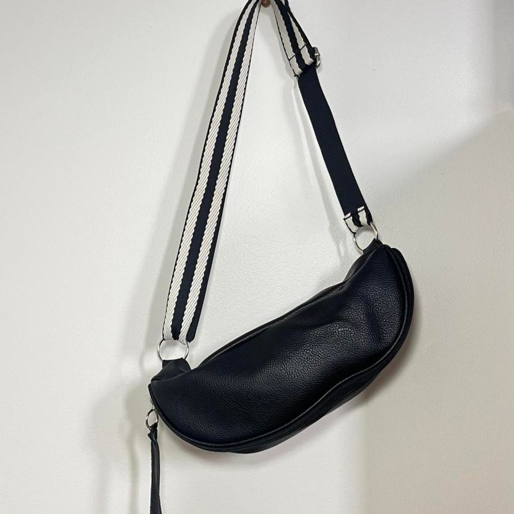 Black Crossbody Sling Bag with Striped Adjustable Strap
